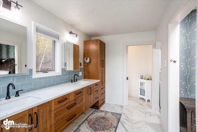 bathroom with decorative backsplash and vanity