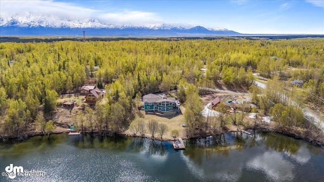 bird's eye view with a water and mountain view