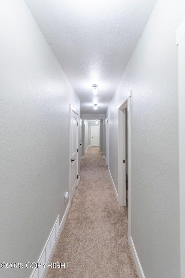 hall featuring light colored carpet and a textured ceiling