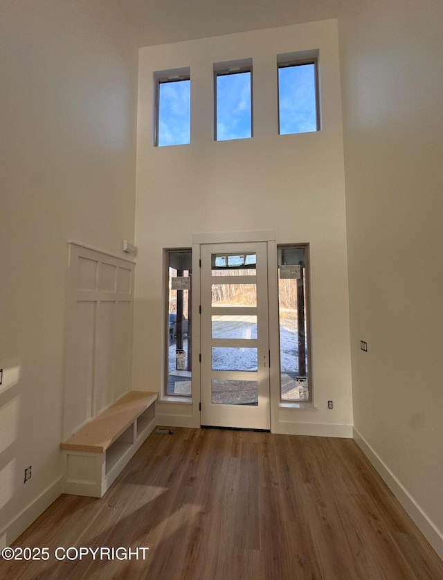 foyer with a high ceiling, baseboards, and wood finished floors