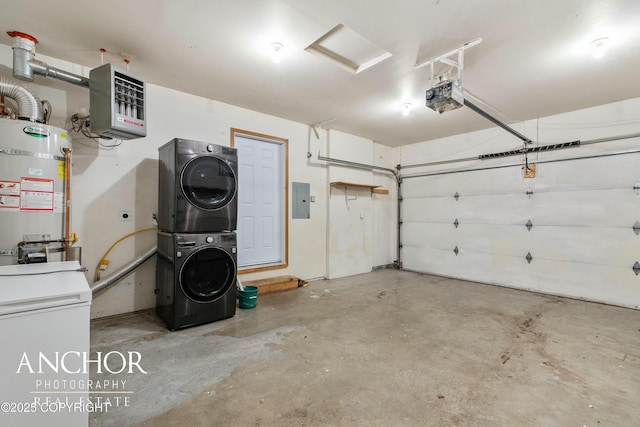 garage featuring secured water heater, electric panel, stacked washing maching and dryer, and a garage door opener