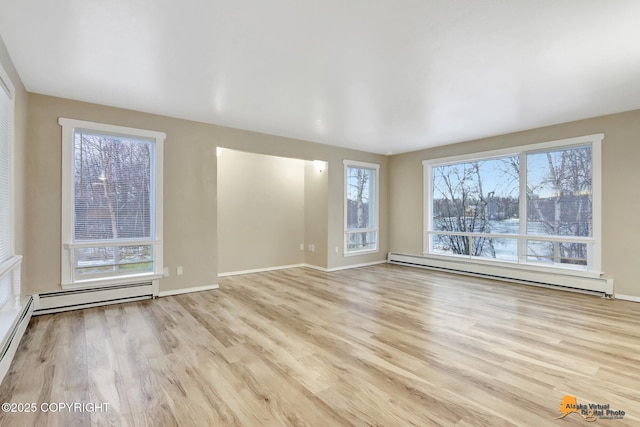 unfurnished living room featuring light hardwood / wood-style flooring and a baseboard heating unit