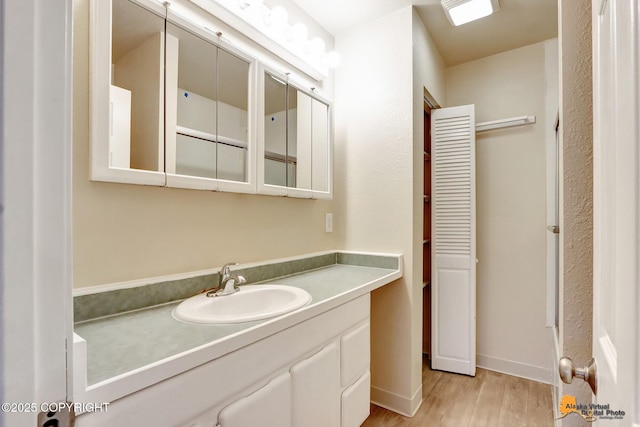 bathroom with wood-type flooring and vanity