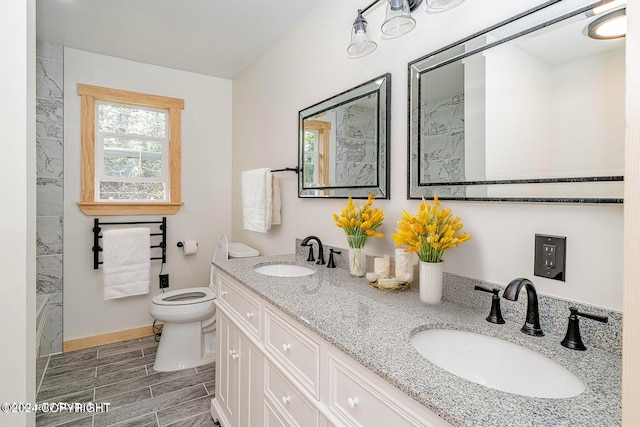 bathroom featuring a shower, vanity, and toilet