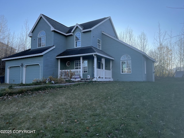 view of front of home with a garage, a porch, and a front yard