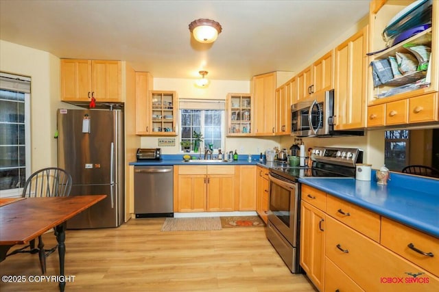 kitchen with light wood-type flooring, stainless steel appliances, light brown cabinets, and sink