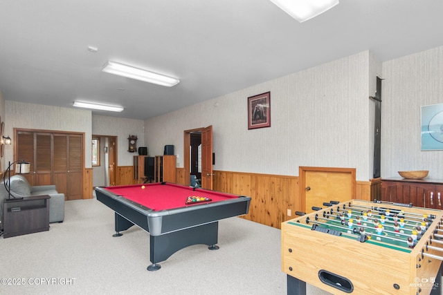 rec room with light colored carpet and pool table