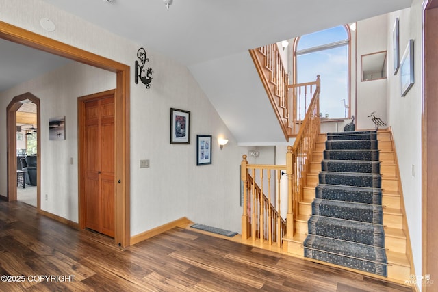 stairway with a wealth of natural light and hardwood / wood-style floors