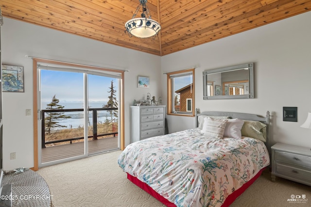 bedroom featuring access to exterior, light carpet, wood ceiling, and vaulted ceiling