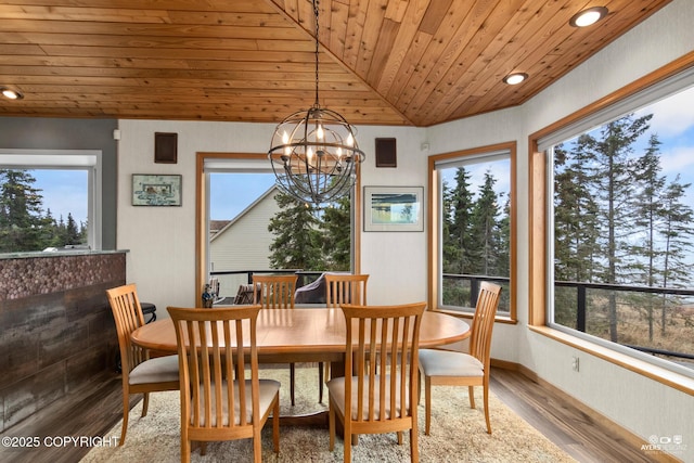 dining space with lofted ceiling, light wood-type flooring, an inviting chandelier, and wooden ceiling