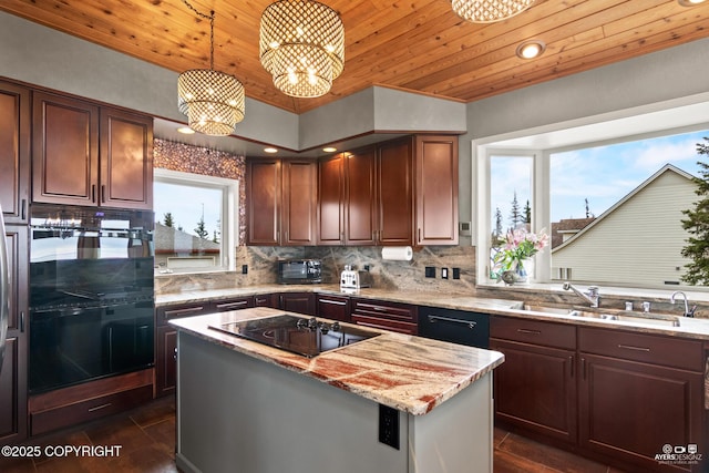 kitchen with light stone countertops, black appliances, decorative light fixtures, wooden ceiling, and a kitchen island