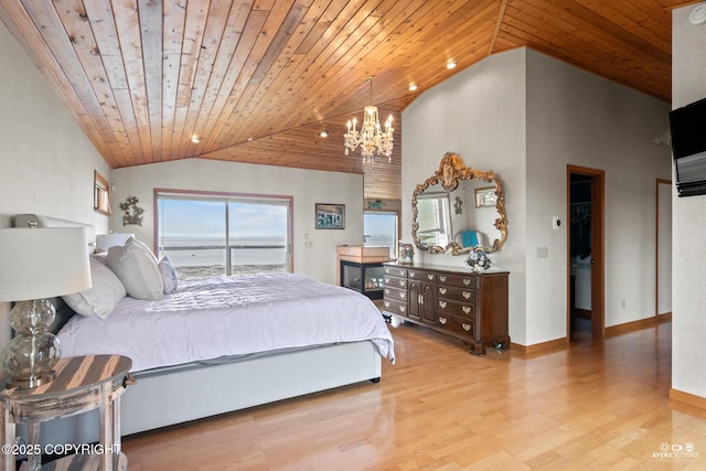 bedroom with a chandelier, wood ceiling, high vaulted ceiling, and light hardwood / wood-style flooring