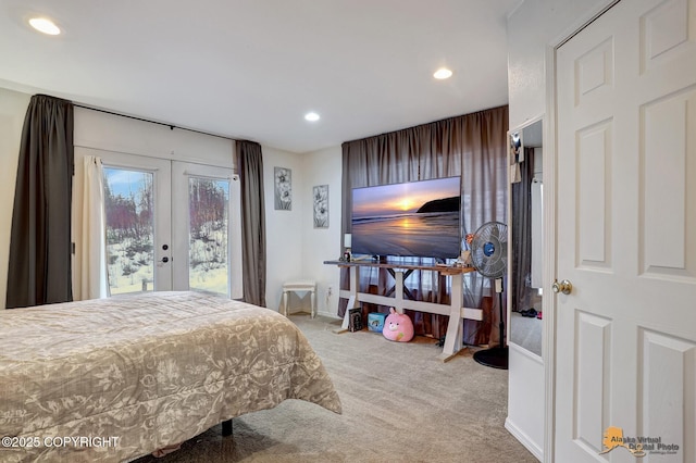 bedroom with light carpet, access to outside, and french doors