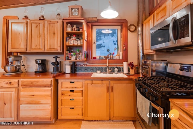 kitchen featuring butcher block counters, sink, and stainless steel appliances