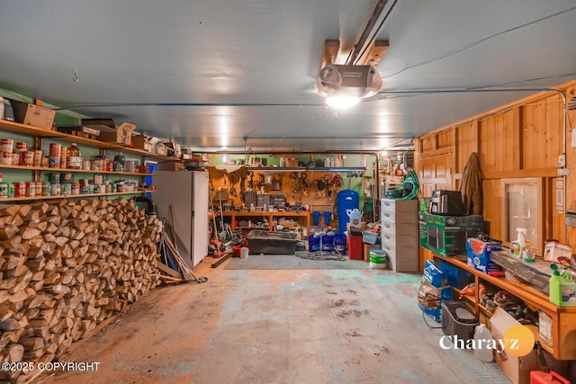 garage featuring a workshop area and a garage door opener