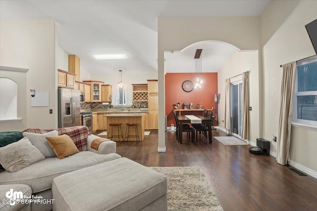 living room with sink and dark wood-type flooring