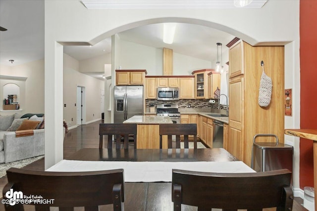 kitchen with decorative backsplash, lofted ceiling, hanging light fixtures, and appliances with stainless steel finishes