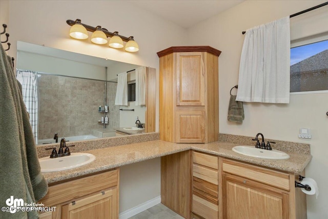 bathroom with shower / bath combination with curtain and vanity