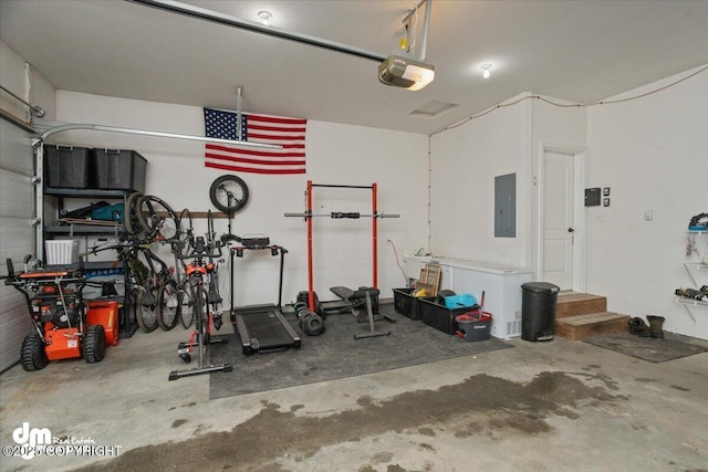 garage featuring a garage door opener and electric panel