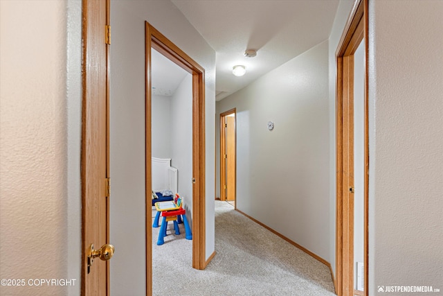 hallway with light colored carpet