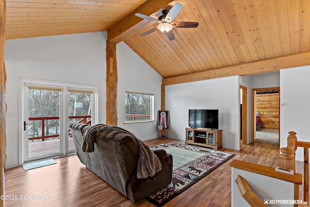 living area featuring a ceiling fan, high vaulted ceiling, hardwood / wood-style flooring, wooden ceiling, and beamed ceiling