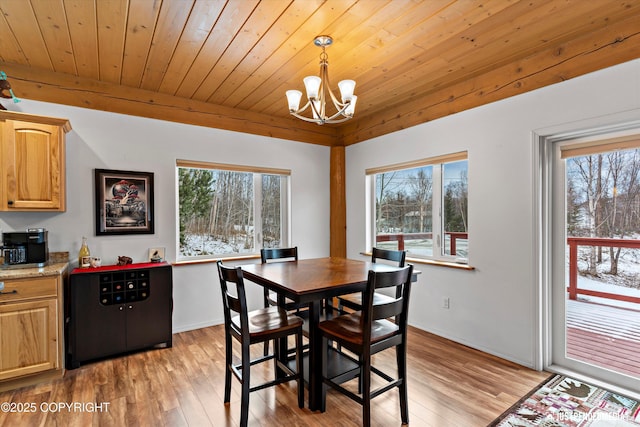 dining space featuring a wealth of natural light, a notable chandelier, light wood-style flooring, and wood ceiling