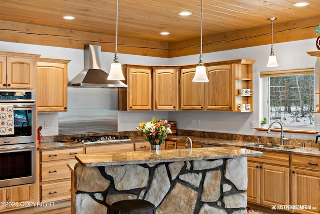 kitchen featuring wooden ceiling, stainless steel appliances, and wall chimney exhaust hood