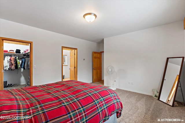 bedroom featuring a walk in closet, baseboards, a closet, and carpet floors