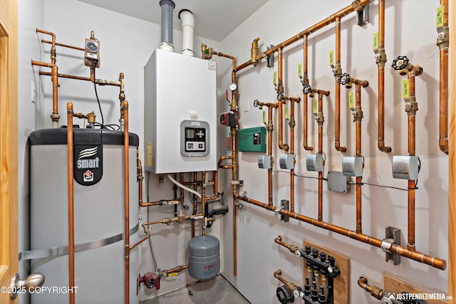 utility room with water heater and tankless water heater