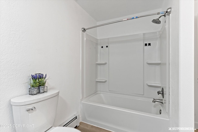 bathroom featuring a baseboard radiator,  shower combination, toilet, and wood-type flooring