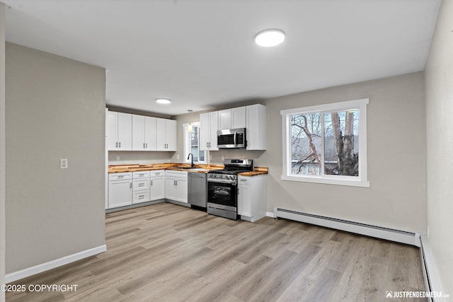 kitchen with wood counters, sink, white cabinetry, baseboard heating, and appliances with stainless steel finishes