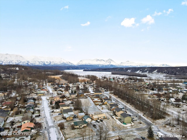 snowy aerial view featuring a mountain view