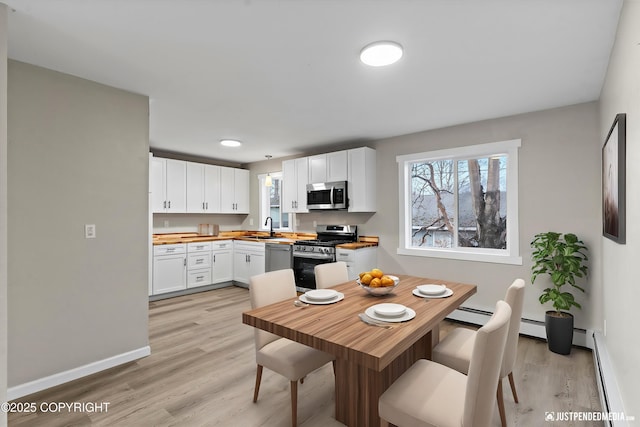 kitchen featuring stainless steel appliances, white cabinetry, sink, and butcher block counters