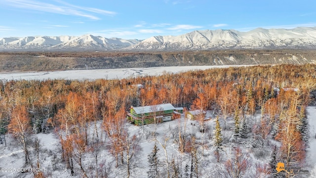 snowy aerial view featuring a mountain view