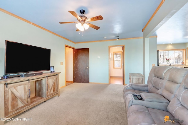 carpeted living room featuring ceiling fan and crown molding