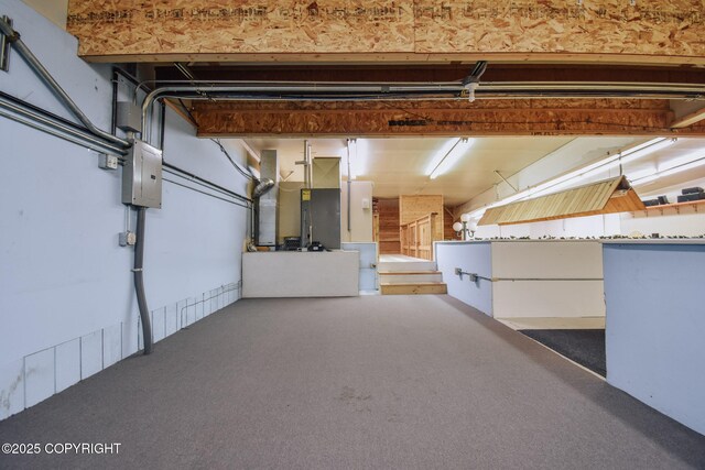 basement featuring carpet, electric panel, and heating unit