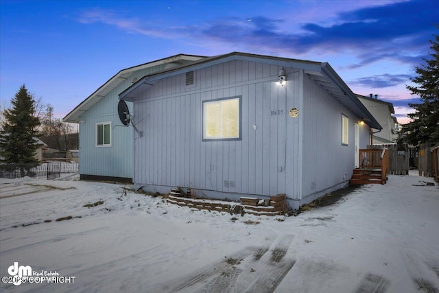 view of snow covered exterior