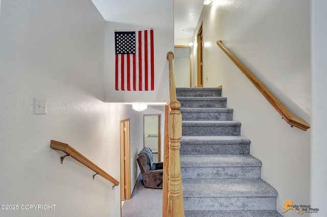 stairway featuring carpet flooring