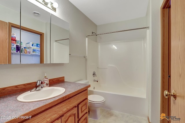 full bathroom with toilet, shower / washtub combination, and vanity