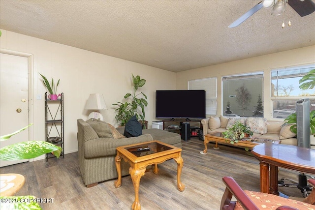 living room with hardwood / wood-style floors, ceiling fan, and a textured ceiling