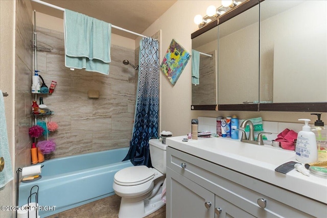 full bathroom featuring vanity, backsplash, toilet, and shower / tub combo with curtain