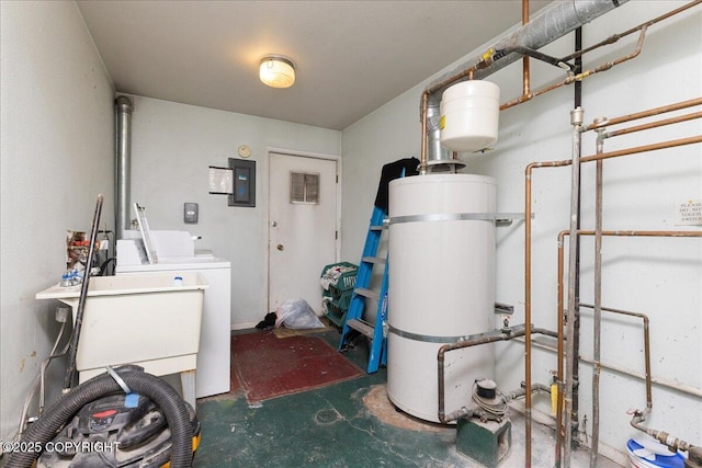 utilities with washing machine and dryer, electric panel, and water heater