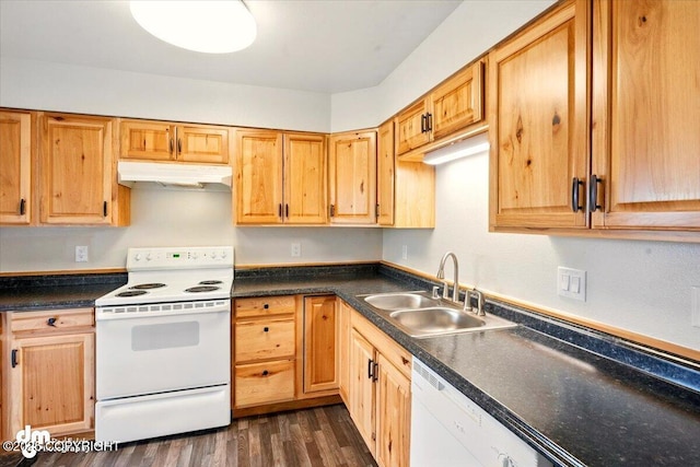 kitchen with white appliances, under cabinet range hood, a sink, dark wood-type flooring, and dark countertops