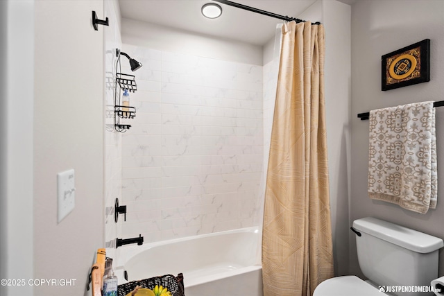 bathroom featuring toilet and shower / tub combo with curtain