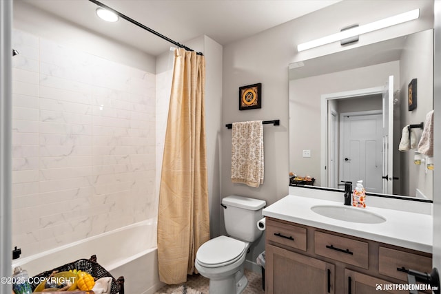 full bathroom with toilet, vanity, and shower / bath combination with curtain