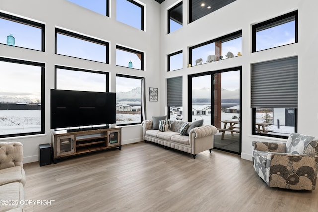 living room with hardwood / wood-style floors, a healthy amount of sunlight, and a high ceiling