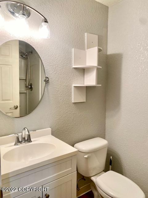 bathroom with a shower, vanity, and toilet