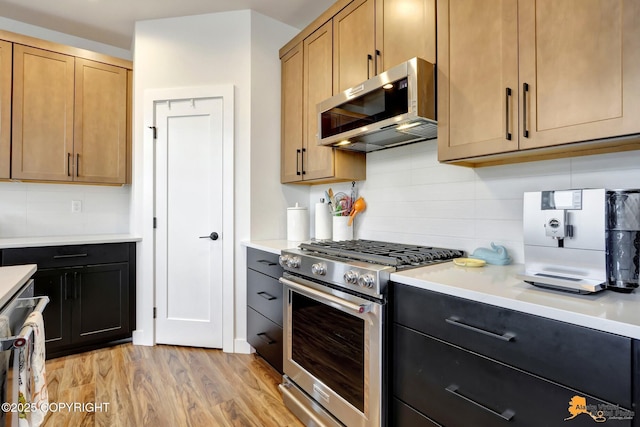 kitchen featuring light wood-type flooring, tasteful backsplash, and stainless steel appliances