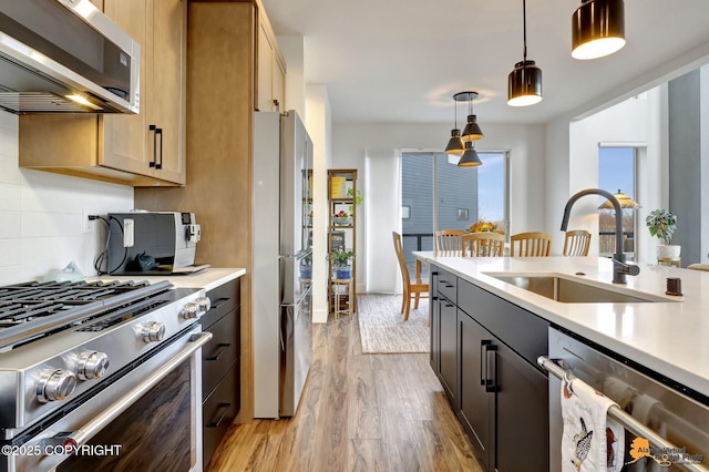 kitchen featuring light hardwood / wood-style flooring, decorative light fixtures, sink, tasteful backsplash, and stainless steel appliances