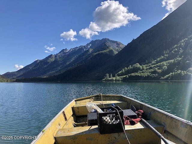 view of dock featuring a water and mountain view